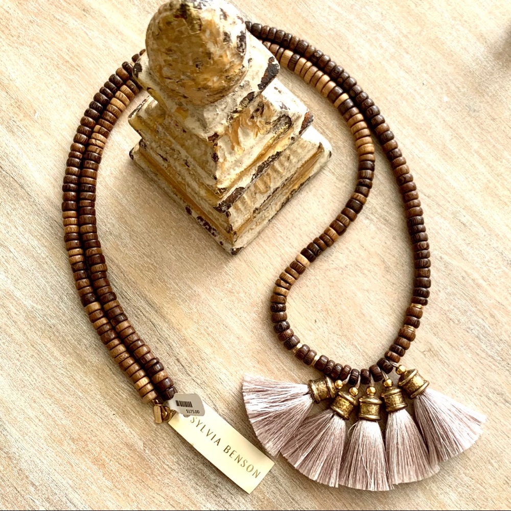 🔴SOLD -Sylvia Benson Natural Wood Beaded Tassel Necklace